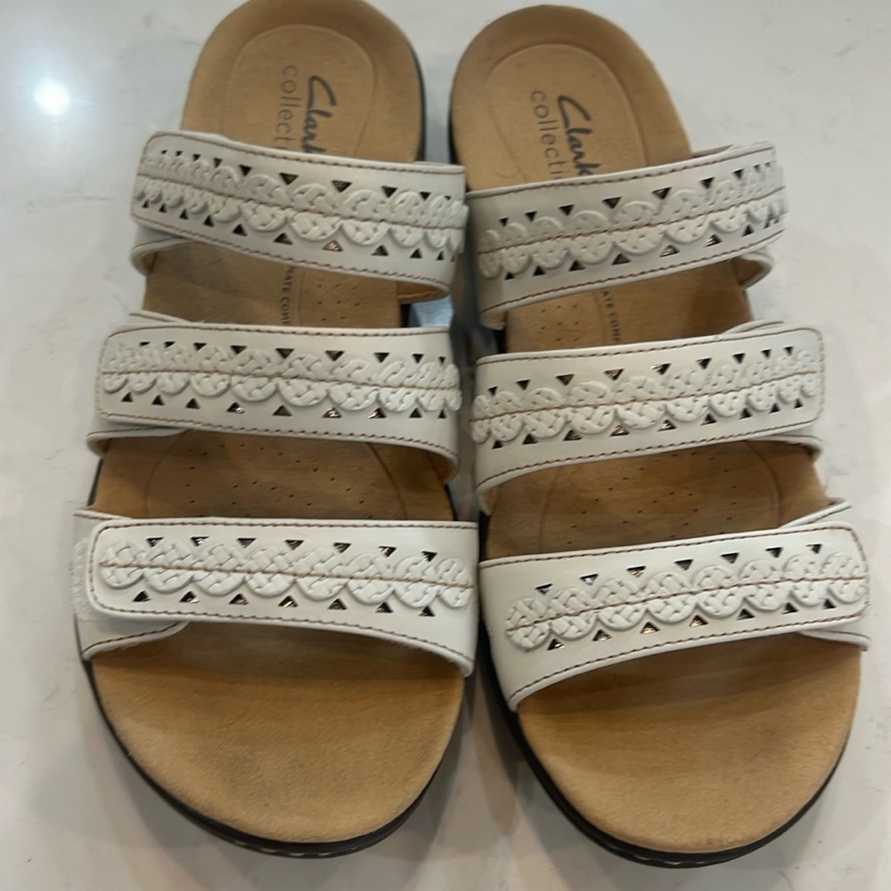 Clarks Collection Laurieann Cove White Leather Adjustable Slide Sandals 7 women